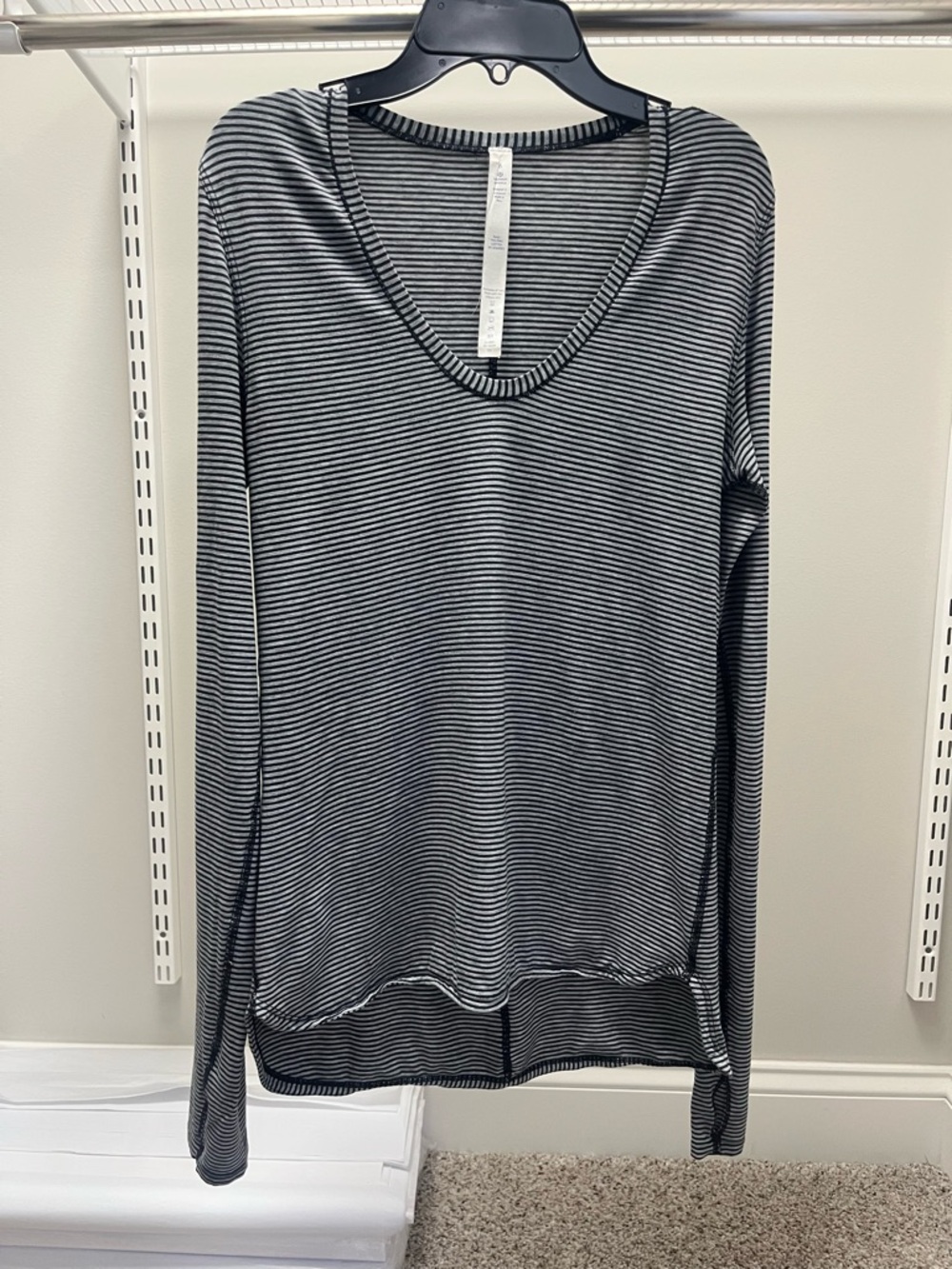 lululemon athletica Black and Griege Striped V-Neck Long Sleeve Tee